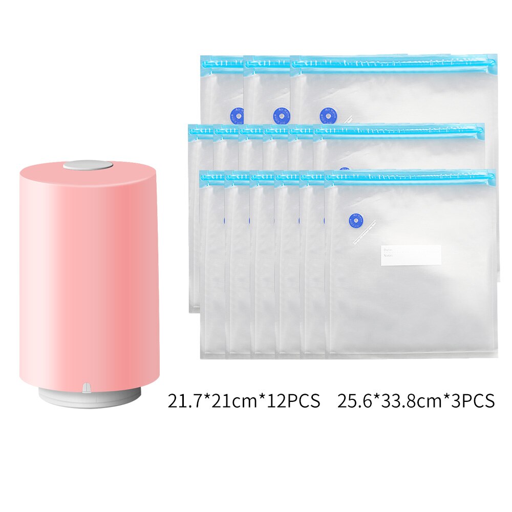 FUNHO – pompe à vide automatique USB pour aliments, Machine à emballer sous-vide, avec 5 sacs de recyclage, économiseur d'aliments: ZKJ-pink 15bags