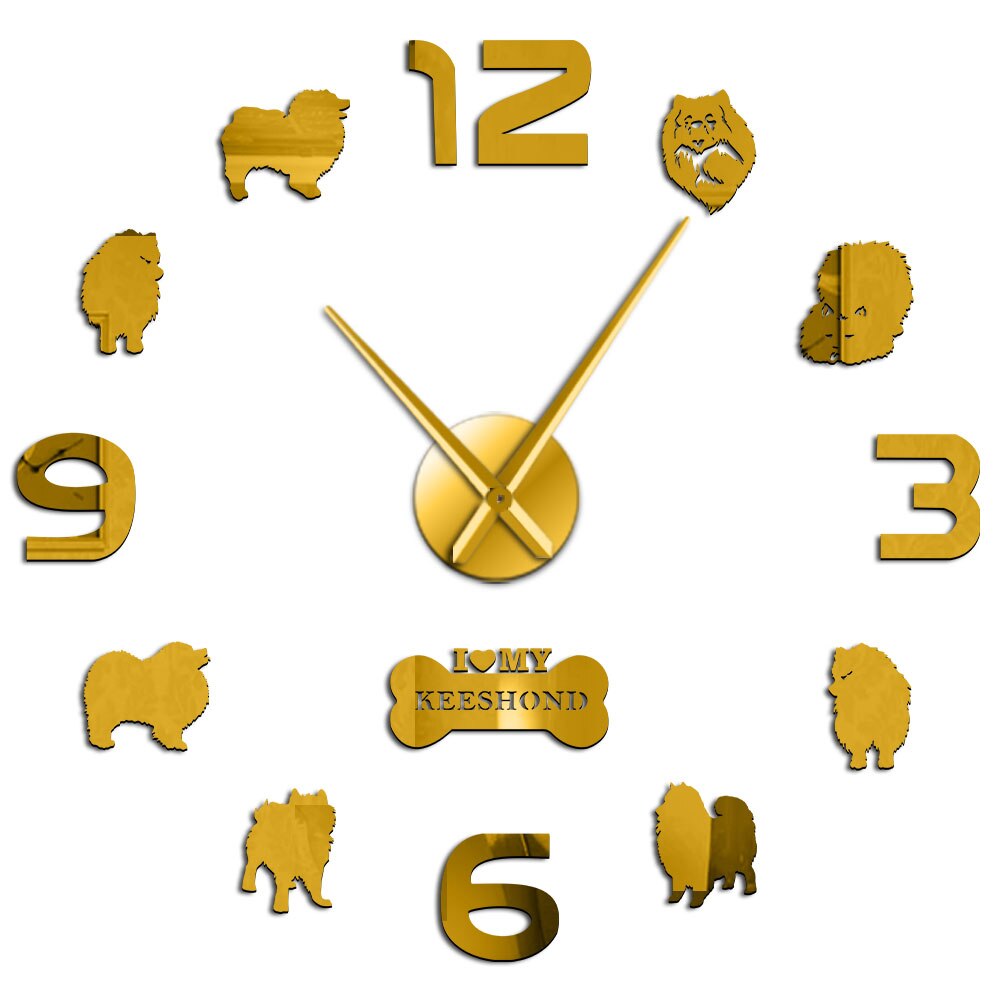 Keeshond-Reloj de pared grande para hombre, reloj de pared grande 3D con de perro barcaza holandesa, sonriente, alemán, Spitz, Deutscher, Wolfspitz, Kees: Gold / 27inch