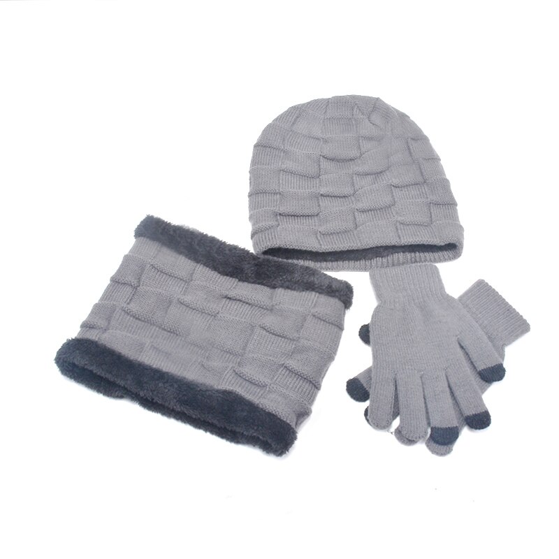 Unisex pipot hattu sormus huivi käsineet setti talvineulottu paksu lämmin lippalakki naiset miehet kiinteä retro pipo hattu pehmeä kosketusnäyttö käsineet: Harmaa 3 -osainen setti