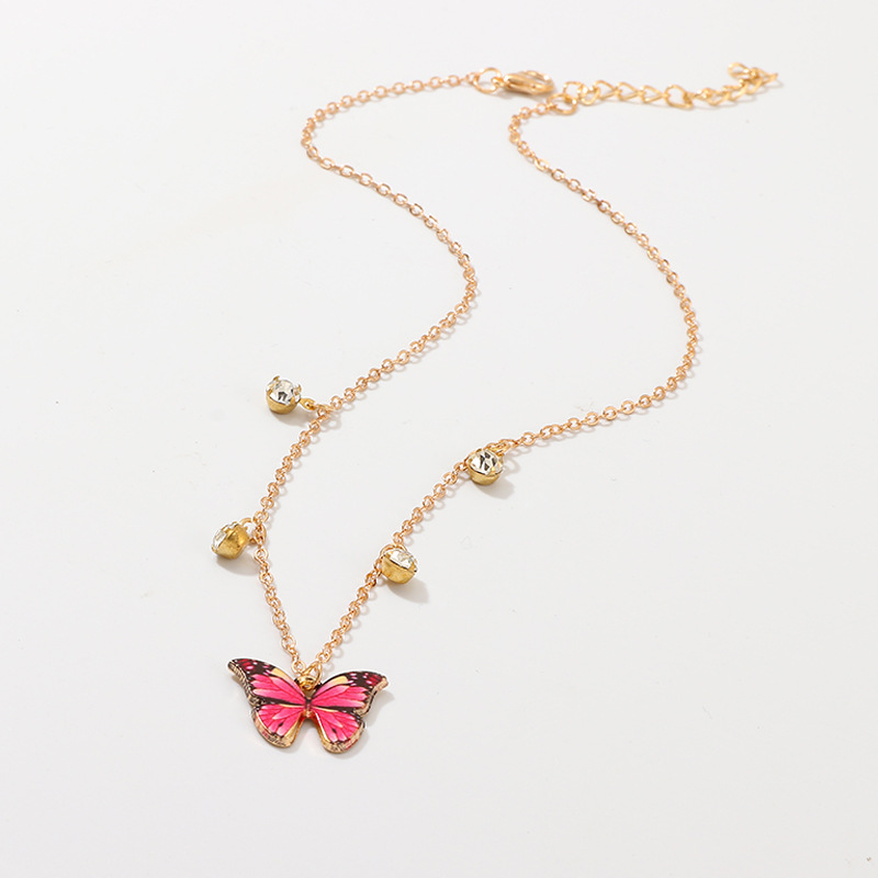 Luxury European Women Butterfly Pendant Necklaces Female Colorful Rhinestone Gold Chain Simple Choker Necklace Jewelry For Girls: Pink
