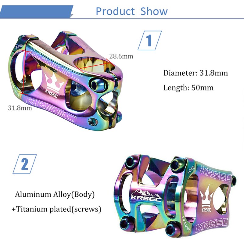 KRSEC 31.8*50mm Aluminium bike Stem MTB bicycle Handle bar Stem Ultralight Fit 28.6mm Fork Short Bar Stem Cycling Accesorios