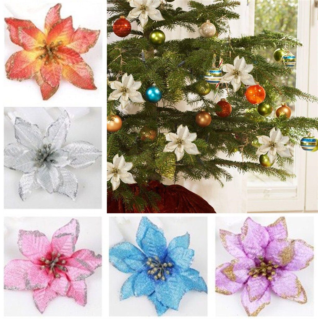 10pcs Krans Tafel Kerstboom Ornament Home Glitter Poinsettia Wedding Festival Party Decor Kunstbloemen Hotel