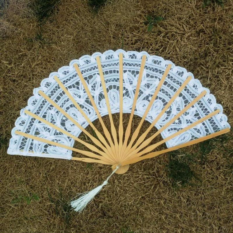 Portable Dancing Props Hand Fan Wedding Bamboo Bone Tassel Folding Lace Photography Hollowed Out Handmade Accessories #63