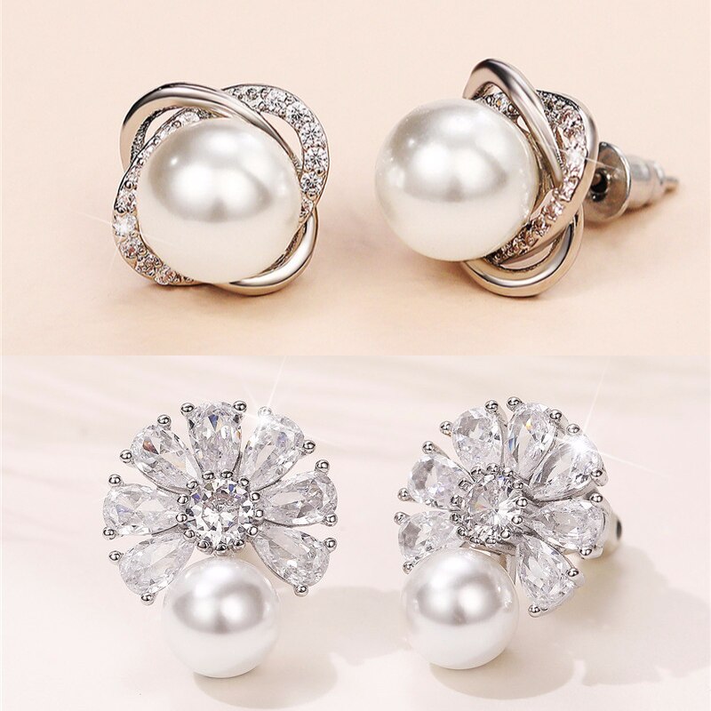 Huitan Bruid Gesimuleerde Parel Oorbellen Romantische Crystal Ear Stud Oorbellen Bruiloft Mode Luxe Piercing Sieraden Voor Vrouwen