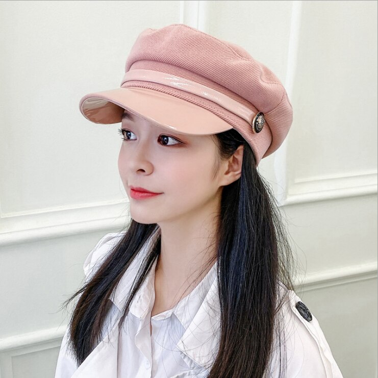 Novo chapéu feminino outono e inverno literatura retro estudantes simples japonês pequeno fresco selvagem chapéu octogonal boné liso: Rosa