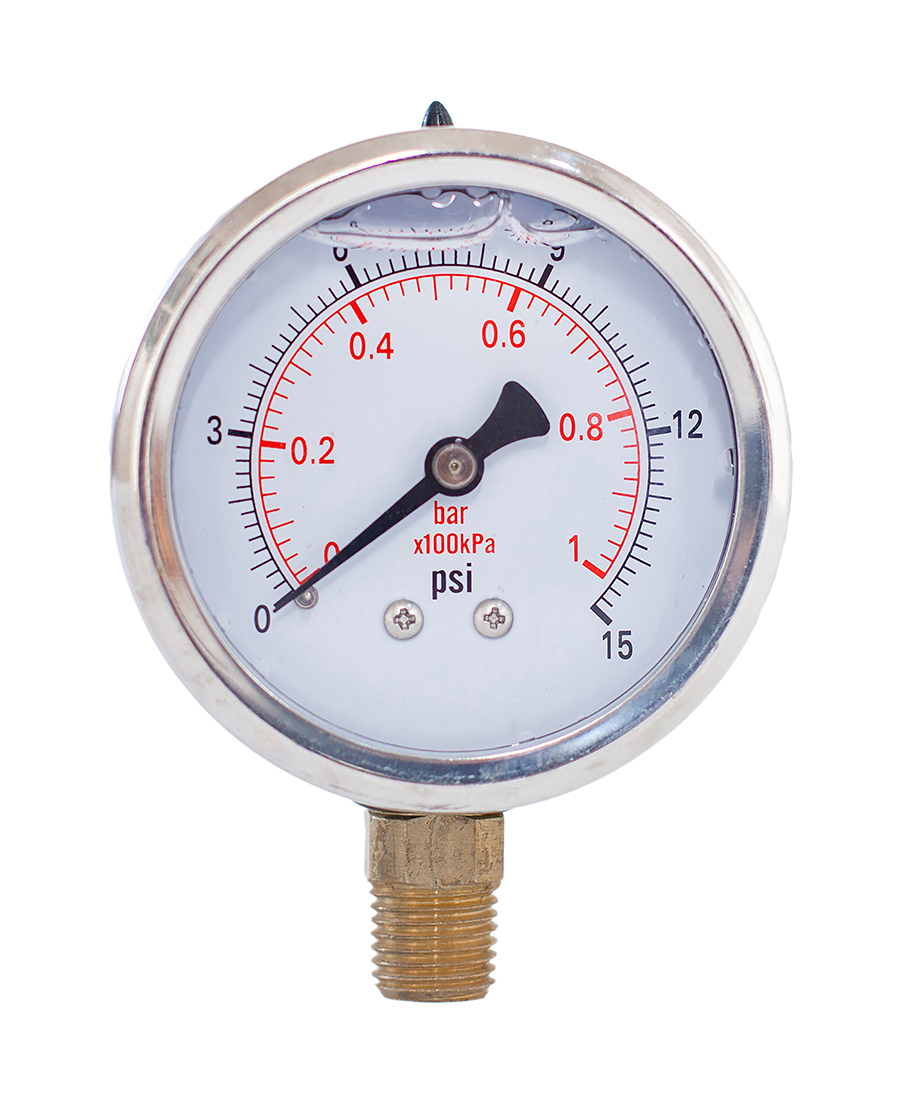 Glycerine Filled Pressure Gauge 2.5 Inch 1/4 NPT Lower Mount 15,30, 60,100,160, 200, 300, 400,600,2000,3000,5000,10000 Psi & Bar