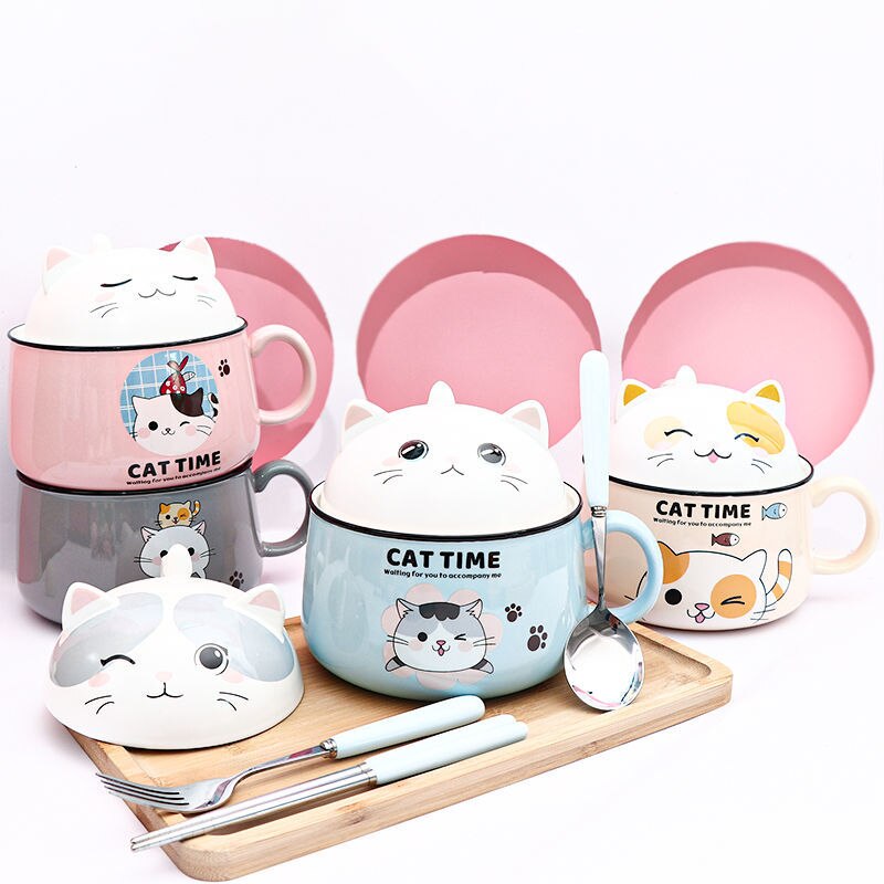 Cartoon Cat Bowl Ceramic Bowl Large Capacity Soup Bowl Kitchen Tableware Salad Bowl Ramen Noodle Bowl With Lid Spoon Fruit Bowl