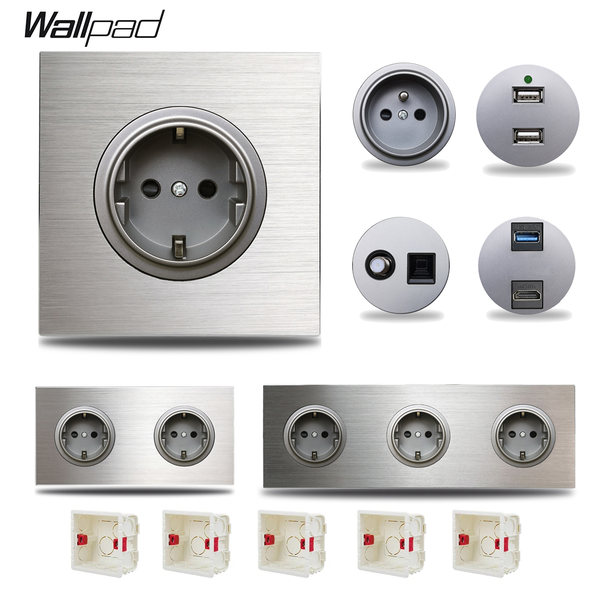 Wallpad Geborsteld Zilver Mat Grijs EU Stopcontact Aluminium Metalen Paneel 1 2 3 4 5 Berichten Stopcontact Nieuw