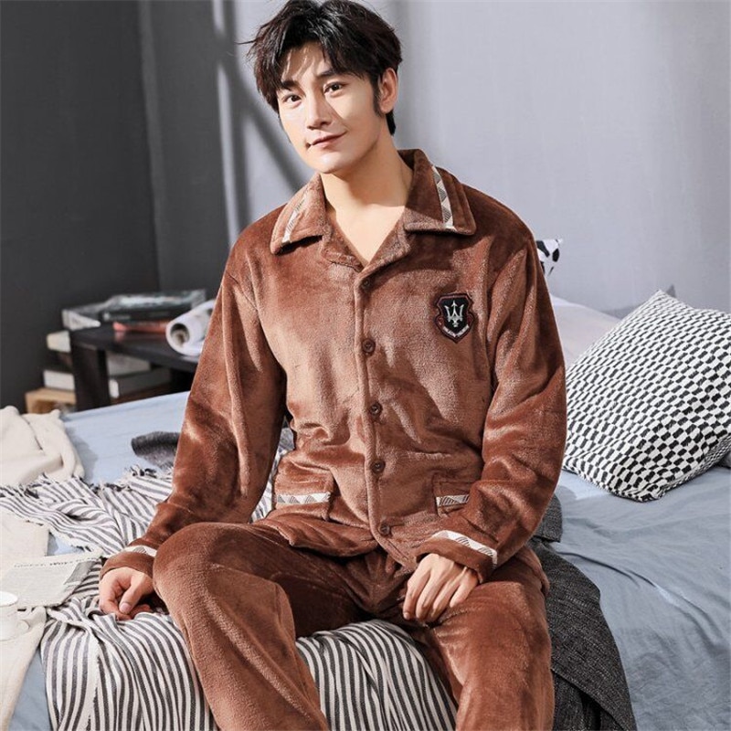 Vinter pyjamas for menn tykk flanell nattøy dress 2 stk pyjamas homme varme uformelle hjemmeklær pijamas hombre