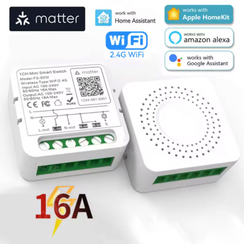 Inteligentny przełącznik Matter WiFi dla Homekit i Home Assistant, moduł przekaźnikowy do inteligentnego domu 16A, współpracuje z Alexa i Google.