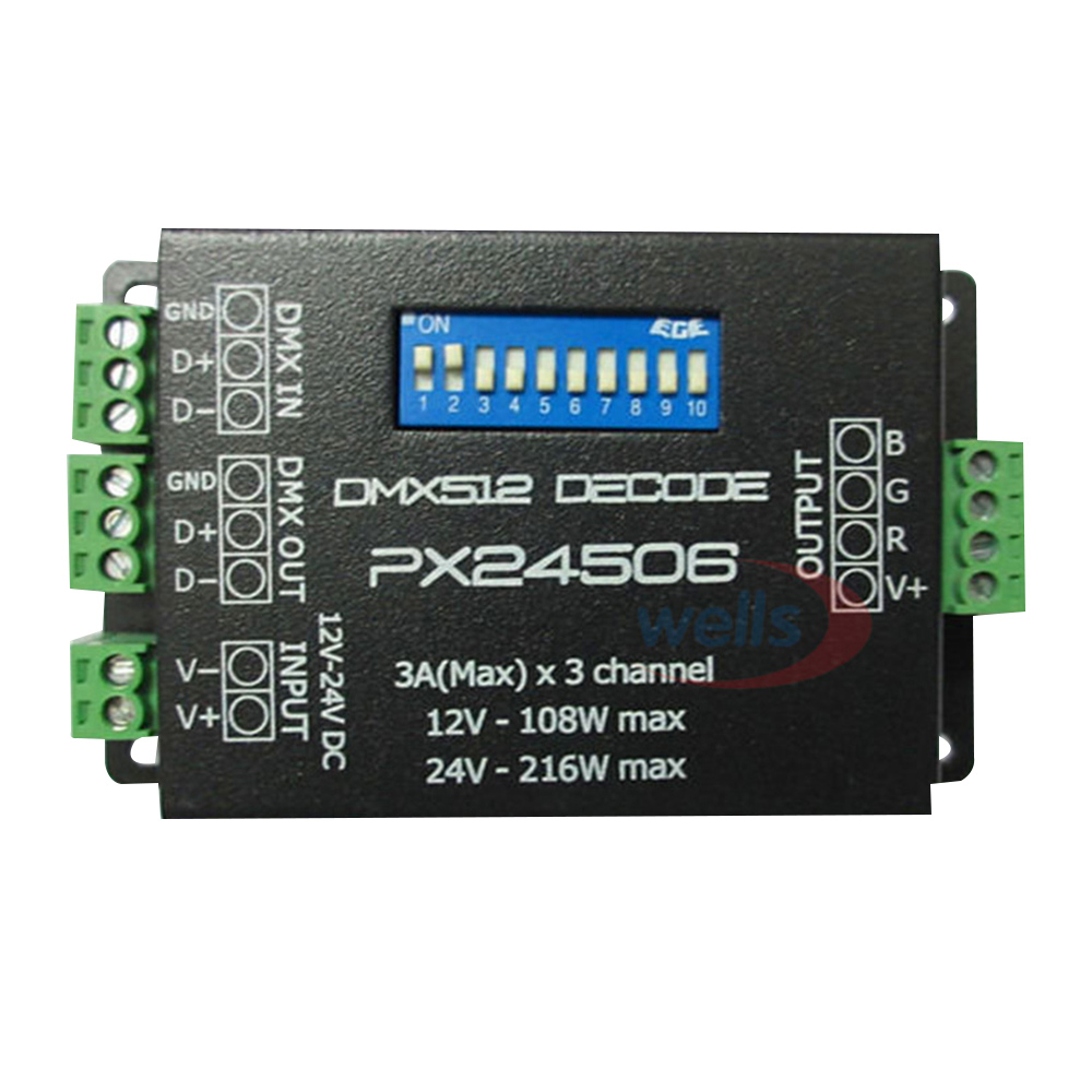 PX24506 DMX 512 décodeur pilote 9A DMX 512 amplificateur 12V 24V LED DMX512 contrôleur pour RGB LED bandes lumineuses