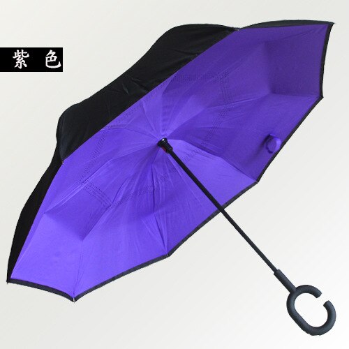 Gancho C, a prueba de viento paraguas inversa vástago largo invertida doble capa soporte autónomo protección contra la lluvia paraguas de la gota: plum