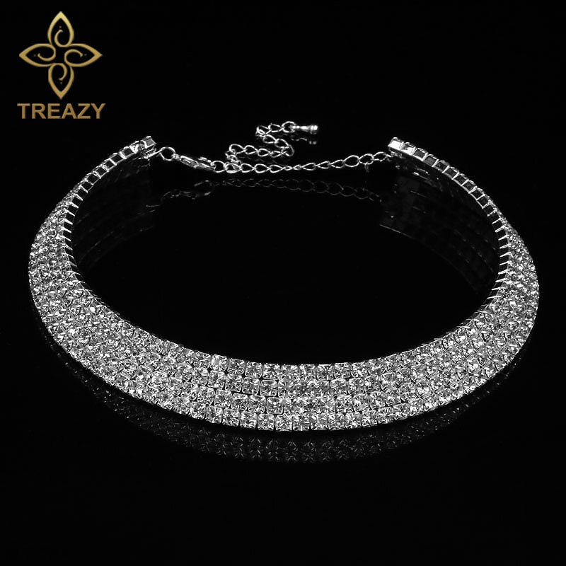 TREAZY Women Diamante Rhinestone Choker Necklace Silver Color Wedding Bridal Party Crystal Collar Choker Chain Necklace Jewelry: Silver 4 Row Crystal