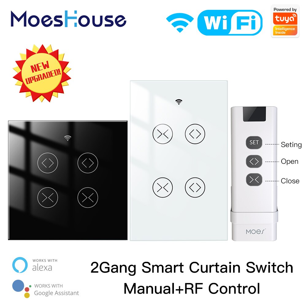 MoesHouse-Interruptor de doble cortina para persiana enrollable, Motor eléctrico con WiFi, RF, Tuya, 2 entradas, Google Home, Alexa, Smart Life