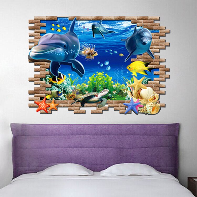 Pegatina de vinilo extraíble 3D de delfines del océano para pared, decoración del hogar de guardería para niños,