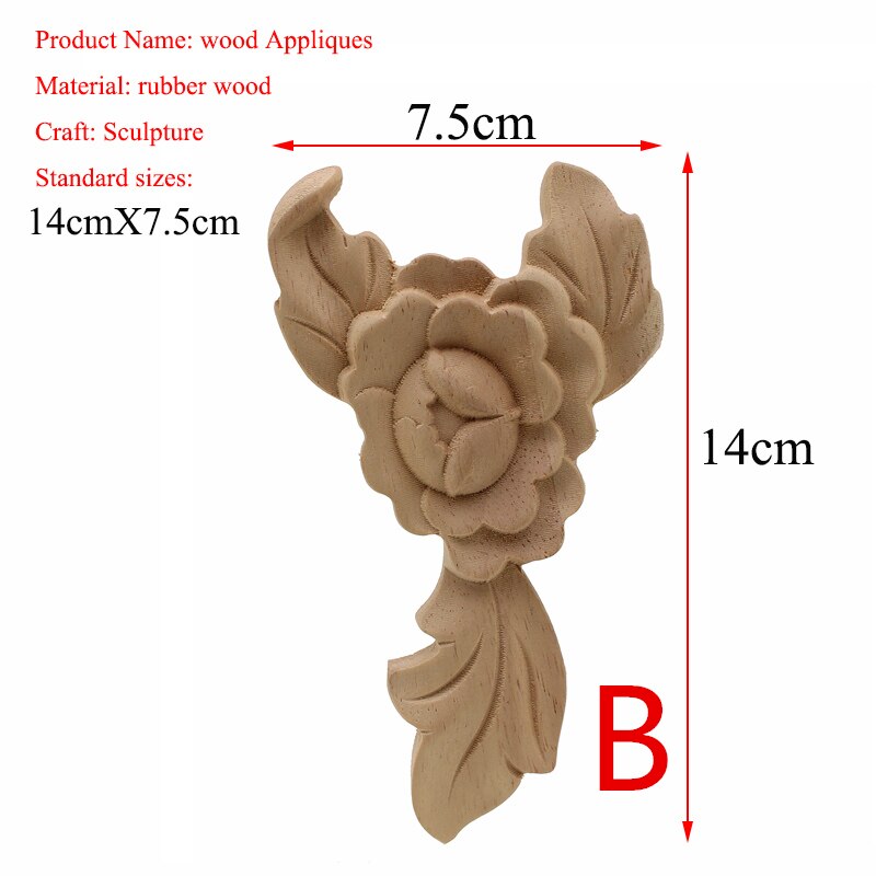 VZLX Flower Wood Carving Natural Wood Appliques for Furniture Cabinet Unpainted Wooden Mouldings Decal Decorative Figurine: 7.5cmX14cm B