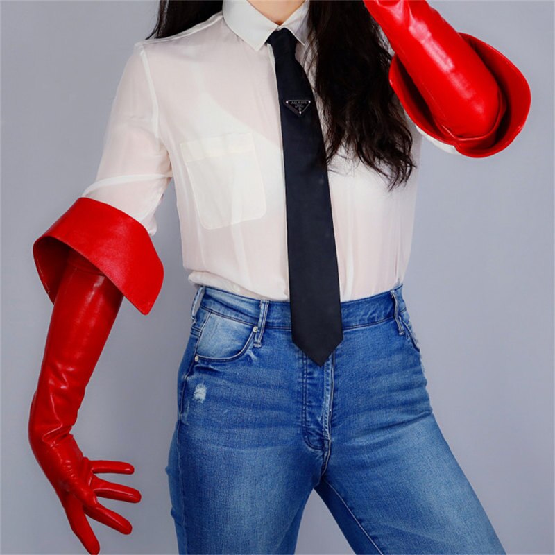 Latex Lange Handschoenen Kunstleer Pu 26 &quot;65Cm Zwart Extra Cut Flip Foldover Vrouwen Lederen Handschoenen PU246: Rood