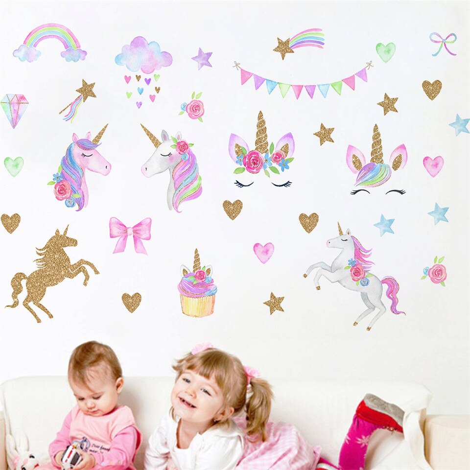 Roze Cartoon Eenhoorn Muursticker Voor Kinderkamer Nursery Decoratie Behang Waterdicht Diy Regenboog Decal Home Decor Muurschilderingen
