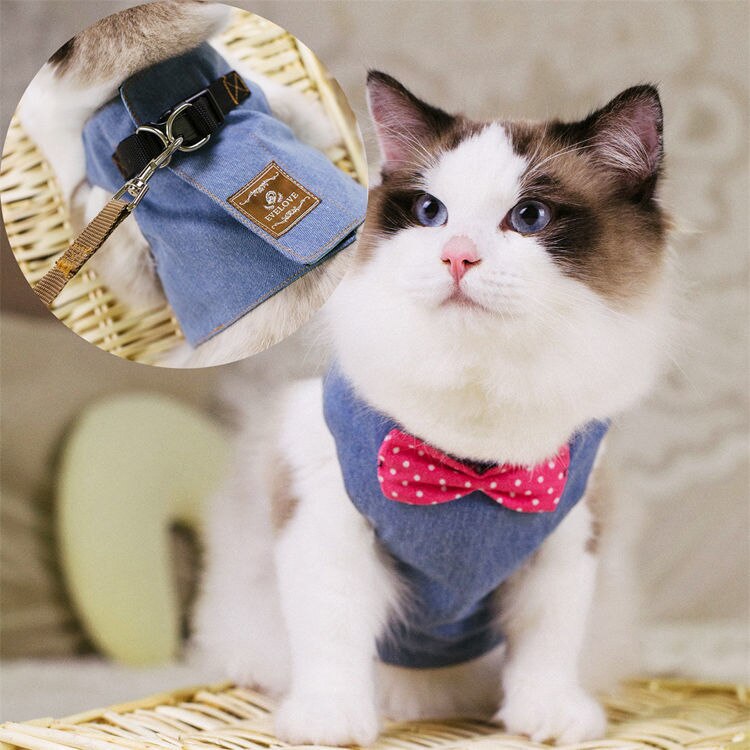 Cat's special traction rope walking cat rope cat chain to prevent from breaking free chest strap traction belt cat rope pet: Denim Blue / L-15 Kg Cat
