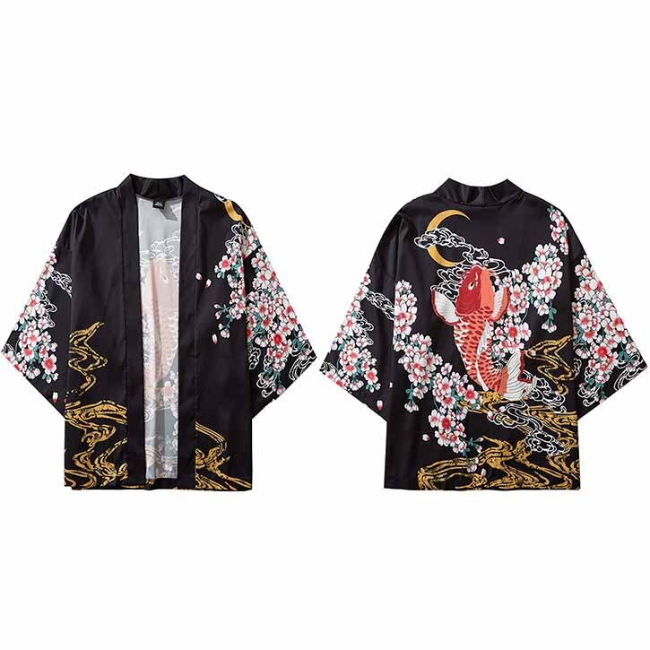Harajuku japonais Kimono veste Koi poisson imprimé Hip Hop hommes japon Style Streetwear veste été mince vêtements Kimono ample: Asian XL