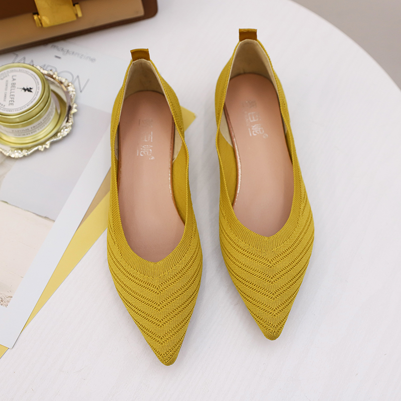 Chaussures de Ballet à bout pointu pour femmes, mocassins souples et confortables à enfiler, en tricot, décontractées: YELLOW / 9