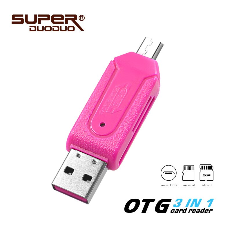 OTG 3 in 1 memory card reader for pc/micro usb flash drive/micro sd card/sd card high speed otg card reader: pink