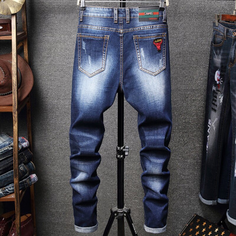 Mens Denim Embroidery Hole Jeans Stretch Distressed Ripped Jeans Men Spring Autumn Hip Hop Pants Streetwear