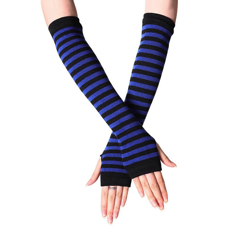 Vrouwen Lady Gestreepte Elleboog Handschoenen Warmer Gebreide Lange Vingerloze Handschoenen Elleboog Wanten Kerst Accessoires: black royal