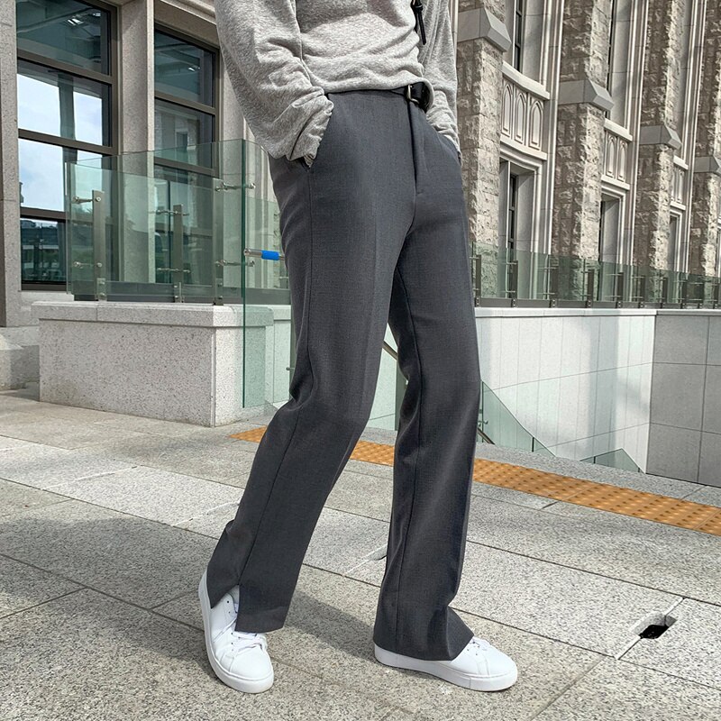 Men's Grey Solid Straight Fit Korean Trousers