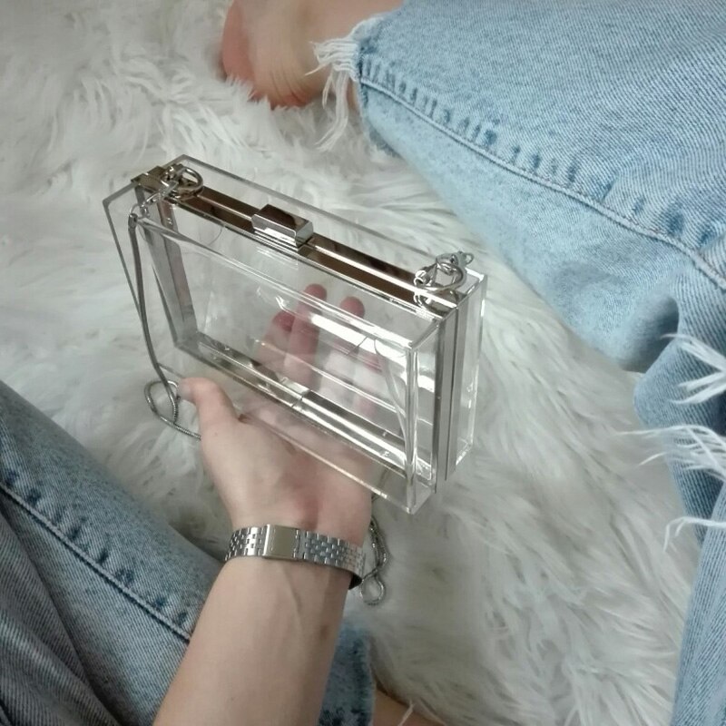 Acrylic Transparent Clutch Chain Box Women Shoulder Bags Hard Day Clutches Bags Wedding Party Evening Purse(Silver)