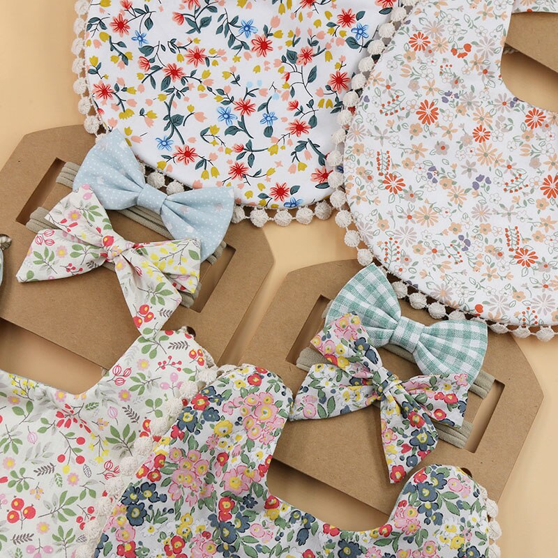 Babadores de algodão para bebês com estampa de flores, 3 peças, conjunto de avental para crianças e meninas, panos para arrotar, turbante, material de alimentação