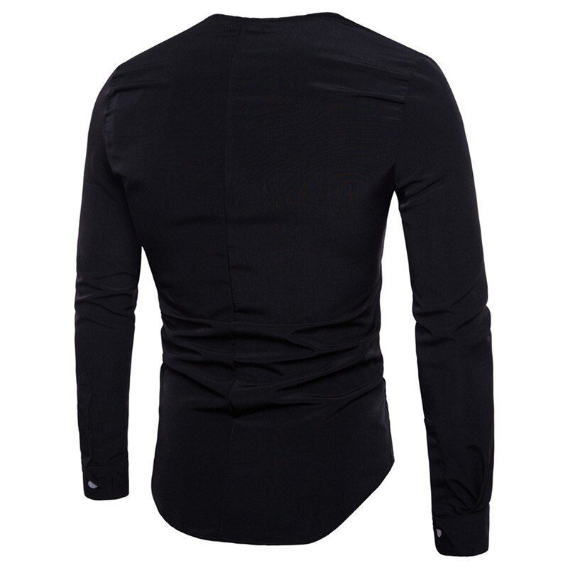Herrskjortor med rund hals för män manlig höst casual långärmade skjortor slim fit enfärgad svart vit skjorta toppar m -2xl