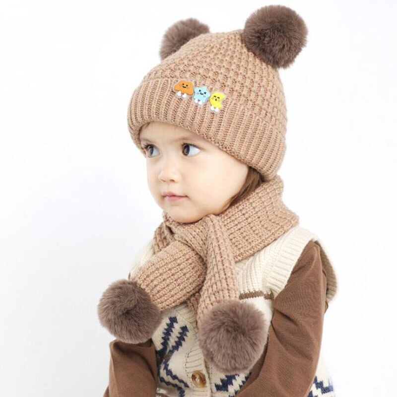 Doitbest 1 to 4 år gammel vinterhue til børn baby pels kugle strik hatte vinter 2 stk dreng pige hat tørklæde sæt: Khaki