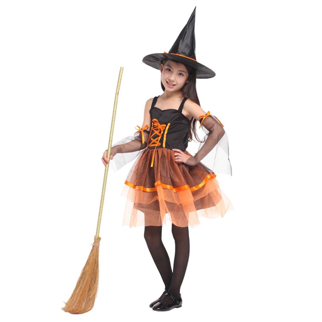 Children Kid's Party Halloween Witch Costume Cosplay Role Play One-piece Dress Cartoon Hats Set without Broom- Orange + Black L
