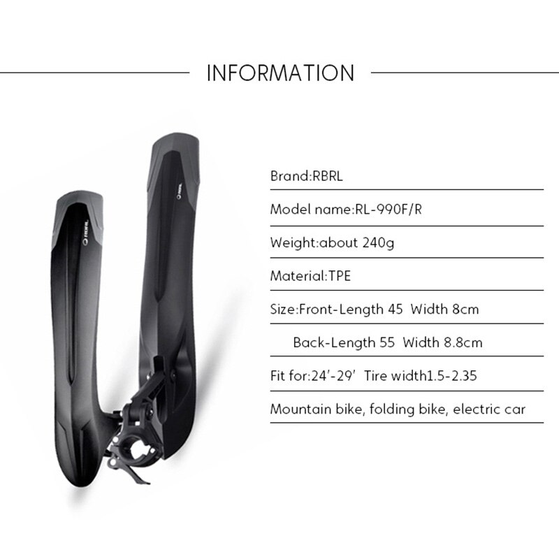 RBRL Bicycle Rear Fenders MTB Bike Wings Quick release Mudguard Adjustable angle Rear Wings Tail Soft TPE 24-29 Inch Universal