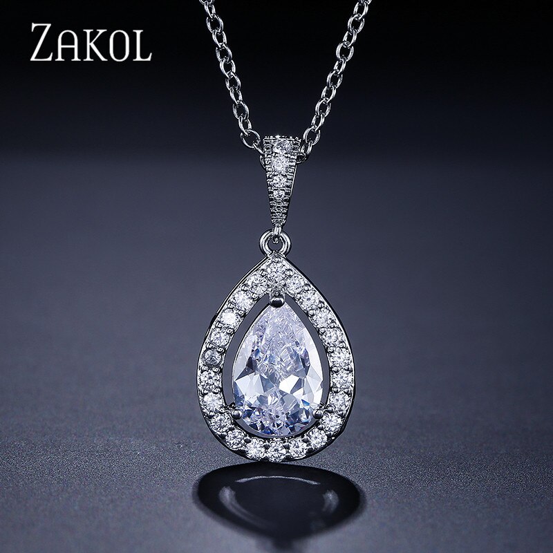 Zakol moda limpar gota de água zircão pingente colar de cristal brilhante nupcial casamento jóias para a menina presentes fsnp077: Sliver Color