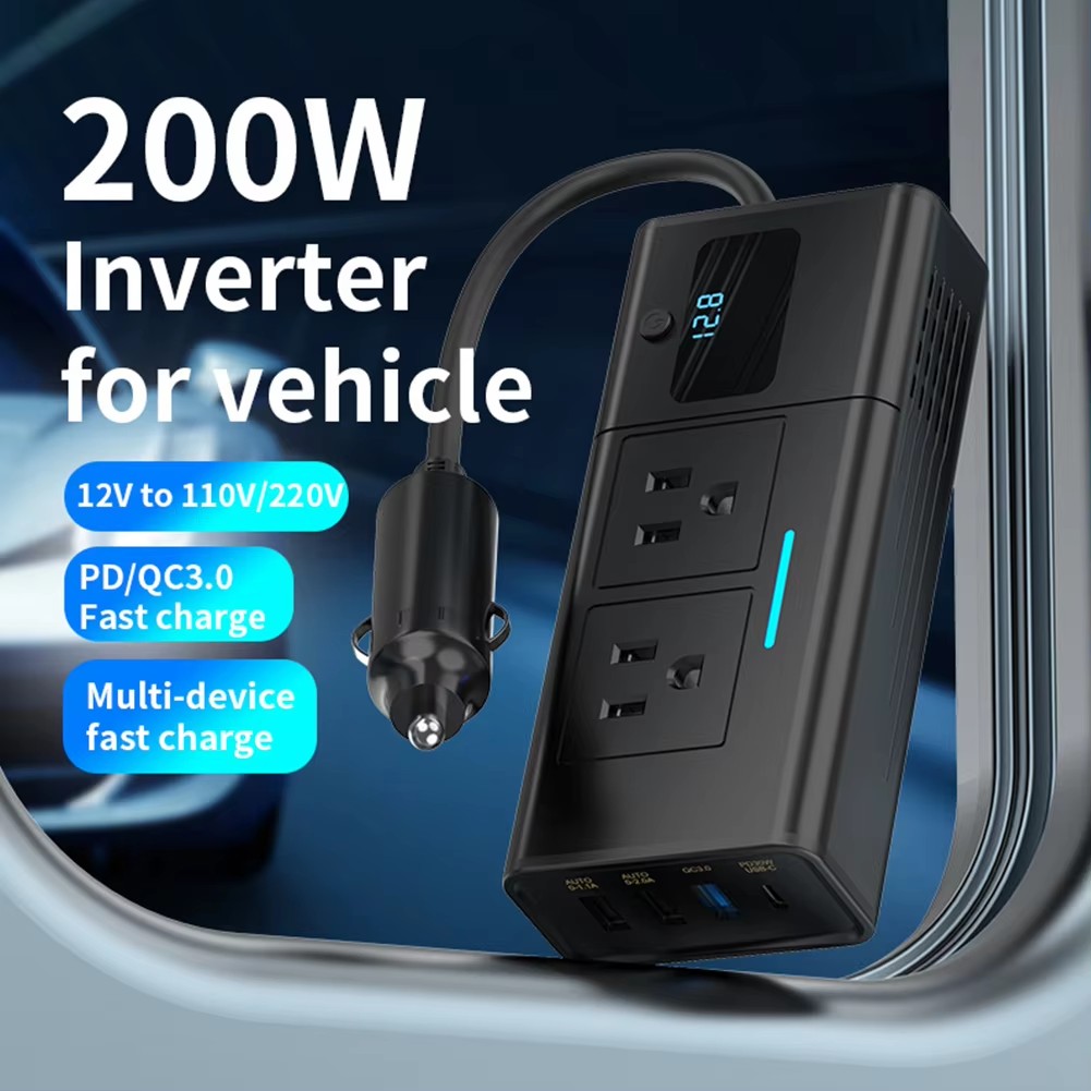 200W Car Plug Adapter 4 USB Ports 12V To 110V/ 220V Auto Power Inversor QC3.0 PD Car Power Inverter US Socket Charger Adapter