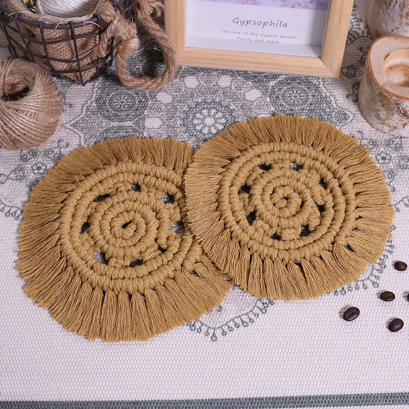 Round Woven Coasters Handmade Macrame Heat-Resistan Cup Mat Tassel Table Decoration for Home TH