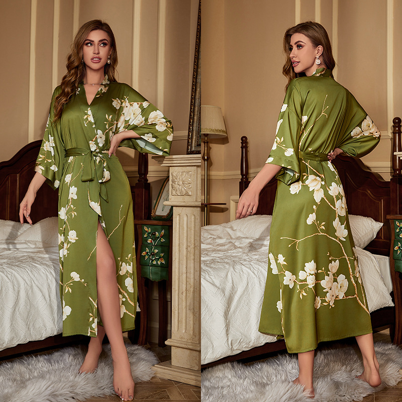 Peignoir kimono à manches mi-longues de style japonais pour femmes, robe longue femme, chemise de nuit, vêtements de nuit, satin imprimé fleuri, robe en span pour la maison