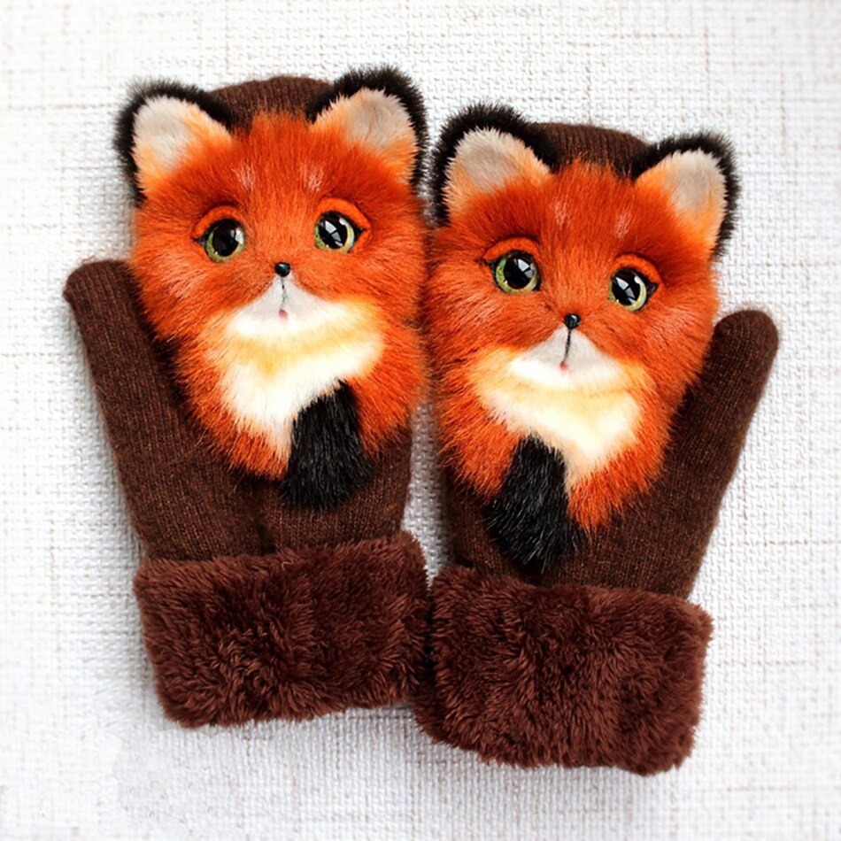 Bébé hiver doux lapin fourrure tricot moufles enfants retourner demi doigt conduite gants en peluche épais mignon chat gants femme 17CM