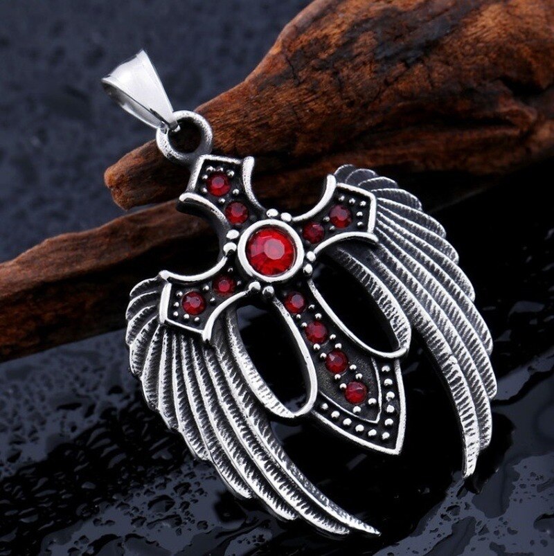 Colgante de pluma de piedra de 3 colores para hombre, Cruz de Cruz con alas dobles de acero inoxidable, Punk, tendencia de clásica