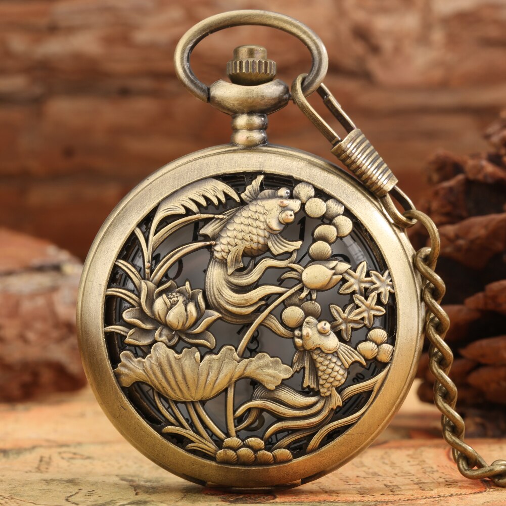 Bronze Pocket Watch Hollow Engraving Lotus Pond Carp Swimming Pendant Necklace Quartz Pocket Watch for Men Relógio De Bolso: P4696C thick chain