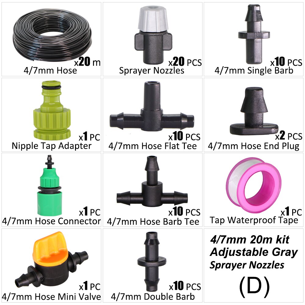 20m Garden Shower Drip Irrigation Sprayer System With Adjustable Watering Nozzle Sprinkler Mist Cooling Automatic Irrigation Kit: D