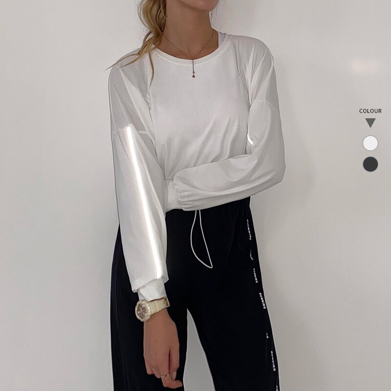 Stil självlysande träningsdräkt tighta och sexiga fitness långärmade t-shirts för kvinnor löpträning snabbtorka kläder höst: S / Vit