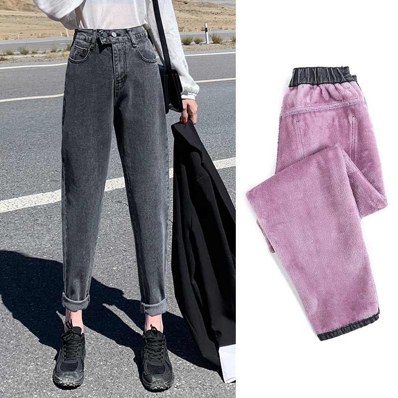 Winter Jeans For Women Thicken Warm Loose Fleeces Denim Trousers Ankle-length Gray Solid Harem Pants Students Wear P9505