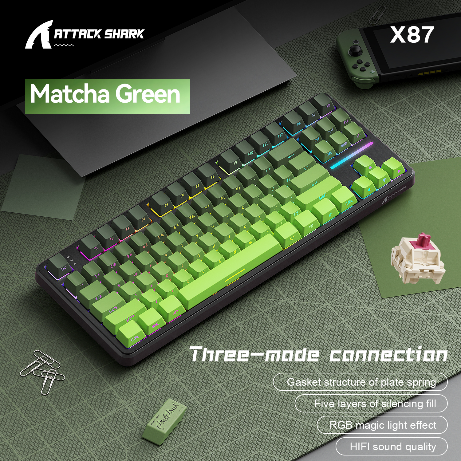 Klawiatura do gier Attack Shark X87 Macro Drive, klawiatura mechaniczna Bluetooth z grawerowaną bokiem półprzezroczystą postacią, RGB, Hot-Swap: Rdzy czerwony