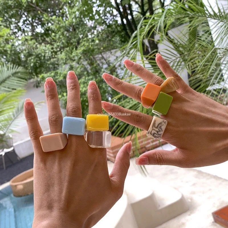 Anillo de plástico geométrico cuadrado grande y atrevido para mujer, anillos de dedo Knukle para mujer, anillo grueso de acrílico de colores sólidos simples, de joyería para niñas