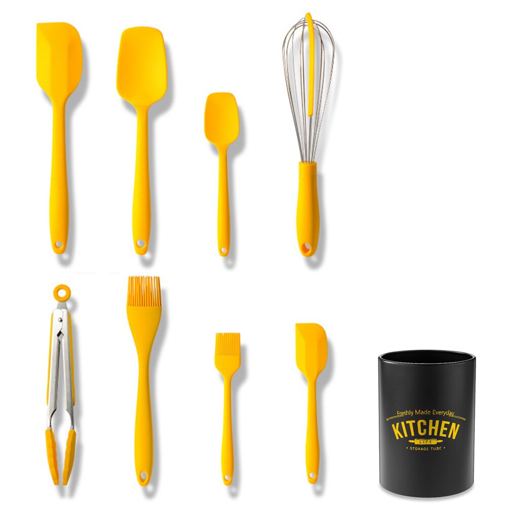 Herramientas para hornear juego de utensilios de cocina de silicona, pinzas cepillo raspador batidor de huevos accesorios de cocina antiadherentes, herramientas de cocina amarillo: 9-Pcs With metal box