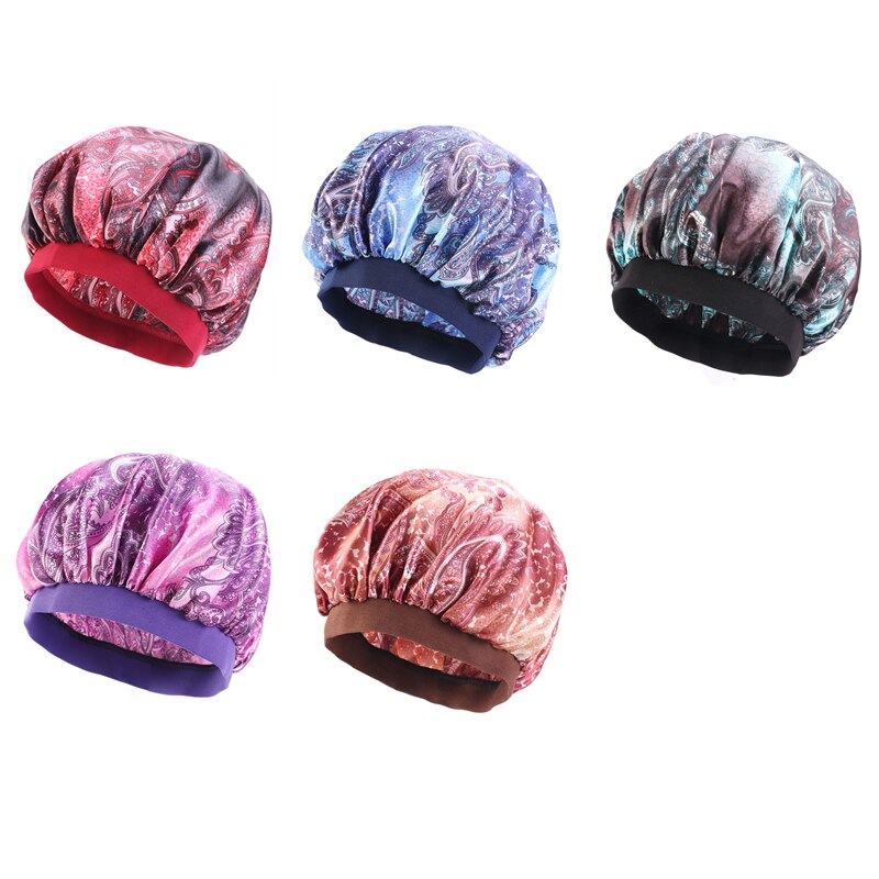 Motorhuv mössa tryck amöba satin elastisk bredbrättad hatt cellgifter hårvård polyester nattsömnmössa