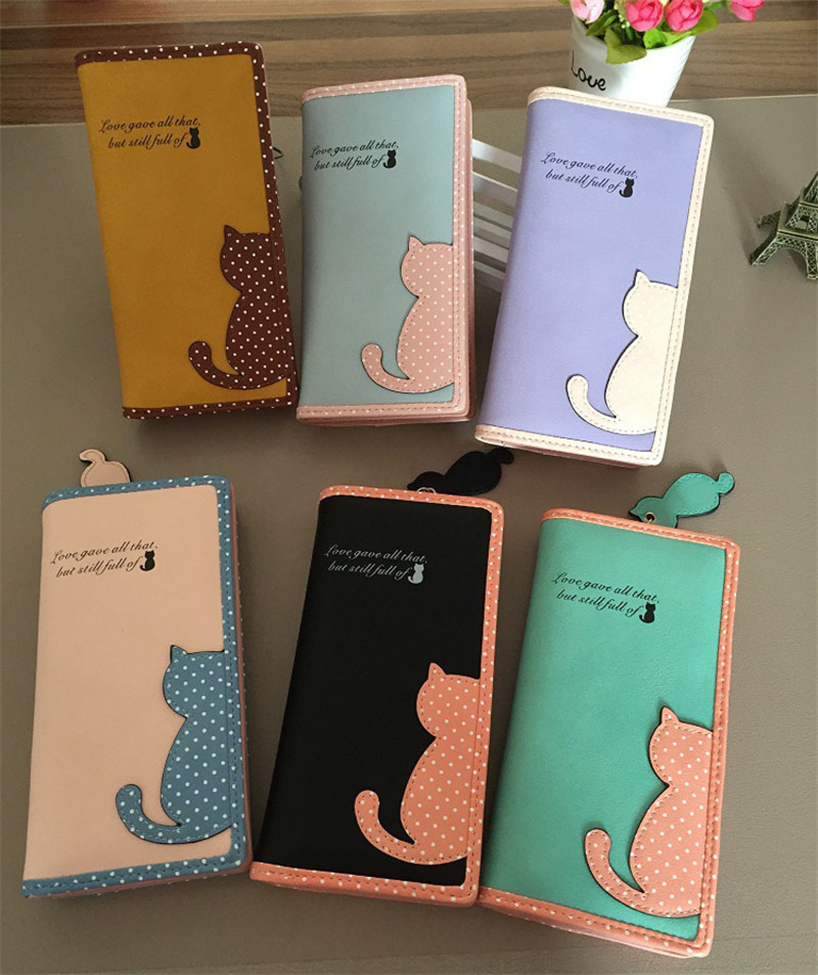 Aelicy Frauen Lange Kupplung Brieftaschen Weibliche Nette Katze PU Leder Telefon Geldbörsen Berühmte Dame Karten Halter Brieftasche